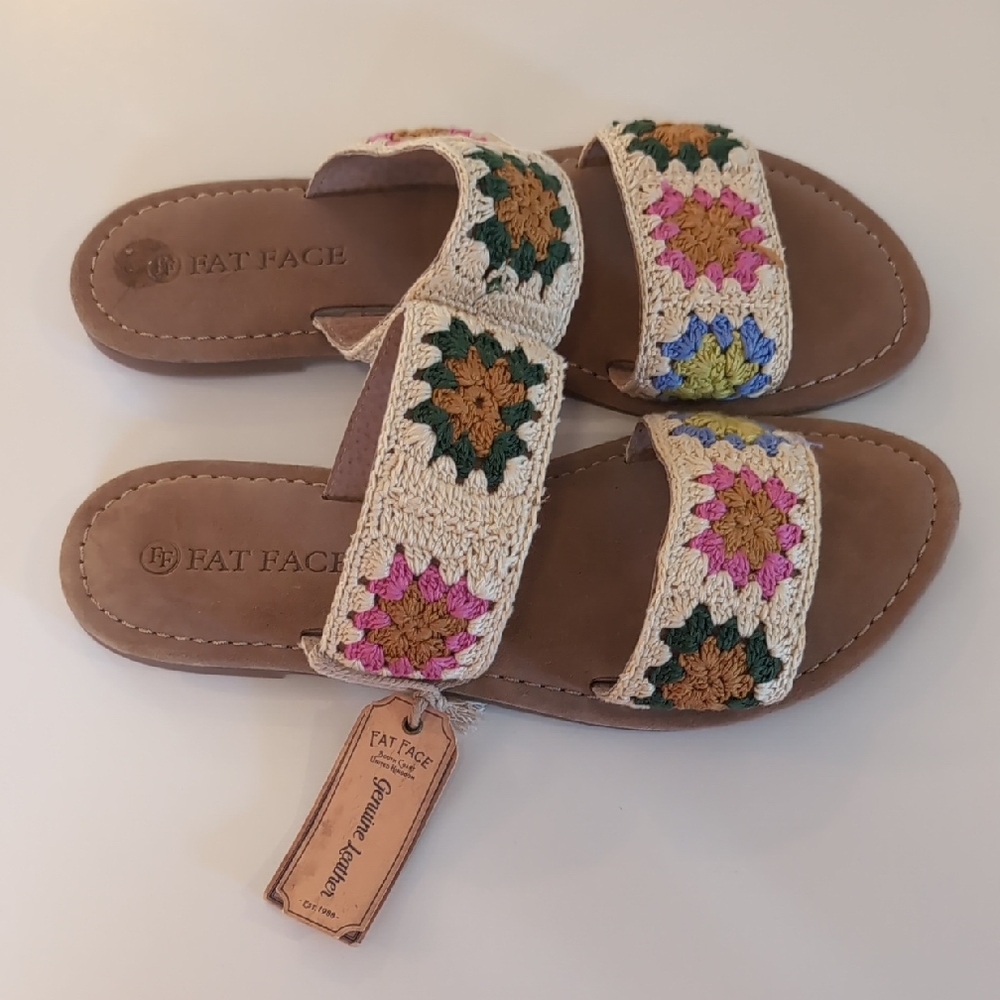 Fat Face Women's Genuine Leather Crochet Sandals - New With Tags Size 8